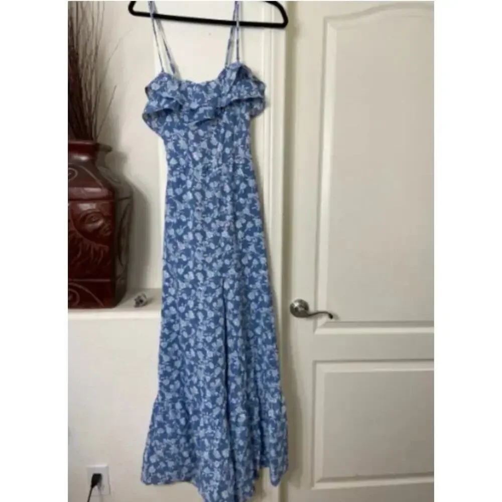 NWT Blue White Floral Spaghetti Strap Flowy Wide Leg Pantsuit Jumper Jumpsuit XL - Picture 1 of 16